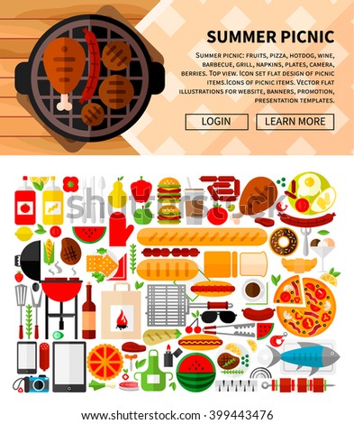  Vector collection of symbols for a picnic. Set object of  picnic: fruits, pizza, hotdog, wine, grill, napkins, camera.
