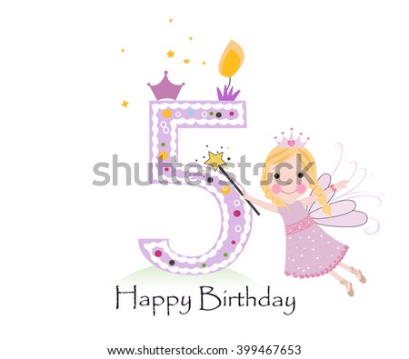 Happy five birthday candle. Baby girl greeting card with fairy tale vector background