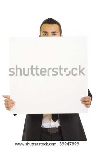 happy business man with white card over a white background