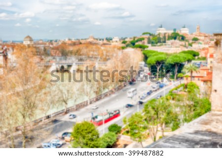 Defocused background with aerial view from Aventine Hill in Rome, Italy. Intentionally blurred post production for bokeh effect