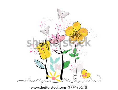 Summer abstract flowers and butterfly vector background