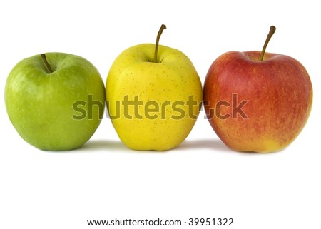 Yellow, green and red apple isolated on a white background.