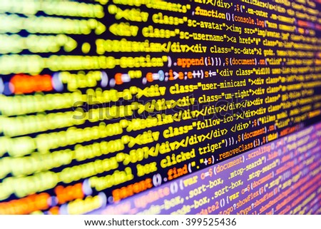 Abstract screen of software.  Developer working on software codes in office. Programming code. Programming code on computer screen. Software source code. Monitor photo. Computer script.  
