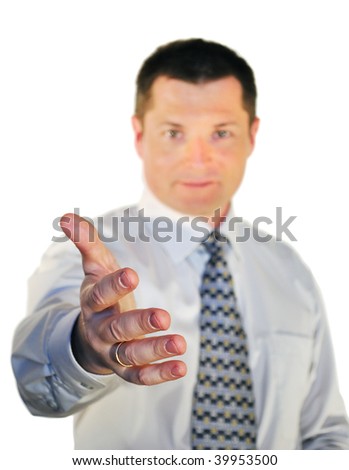 portrait of man stretches out a hand for a handshake