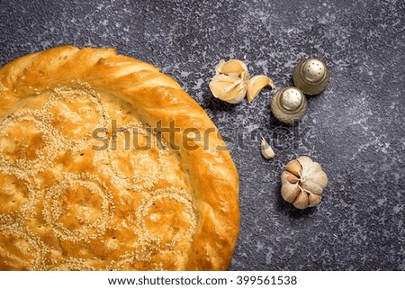Browse of wheat flour, garlik and salt and pepper on the table top view