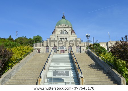 St Joseph Oratory stairs - Front View - Montreal - Canada. The translation is "reserved for pilgrims that ascend on their knees".