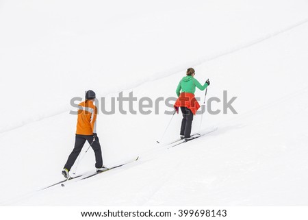 Cross-country skiing in nature park Fanes Senes Braies, Dolomites, Italy