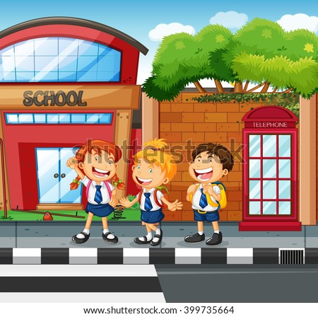 Three students waiting to cross the road illustration