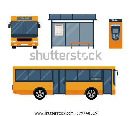 Flat style concept of public transport. Set of city bus with front and side view, bus stop and ticket machine. Isolated vector illustration.
 Royalty-Free Stock Photo #399748519