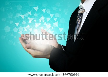  Global connection concept on businessman hand  ,Businessman holding in hand tablet with global connection concept