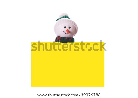 Christmas yellow card with snowman, isolated on white background