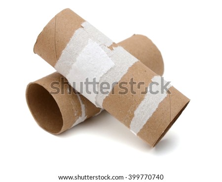 Two empty toilet rolls on white background Royalty-Free Stock Photo #399770740