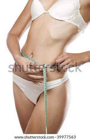 Close up view of woman measuring waist on white back