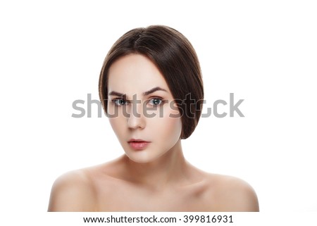 Beauty portrait of pretty SURPRISED girl with natural makeup. Beautiful spa woman touching her face. Perfect fresh skin. Pure beauty model girl. Youth and skin care concept