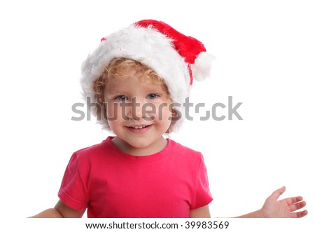 Little girl in santa hat isolated on white