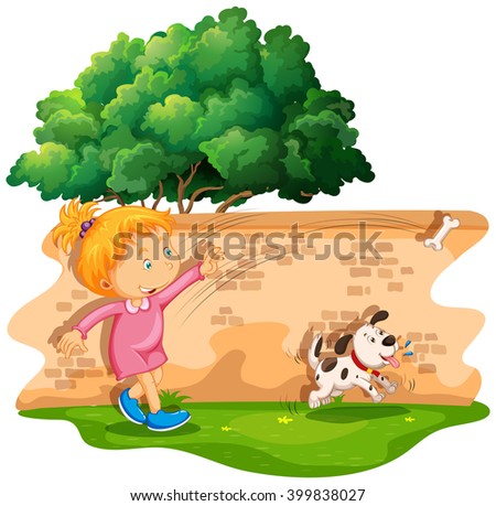 Girl throwing a bone to her dog