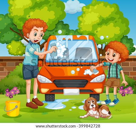 Father and son washing car in the backyard illustration