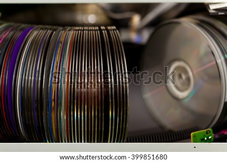Old CD Changer Carousel Mega Storage. Some Dust and dirt on CDs. Selective focus