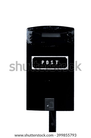 Black postbox with white lettering isolated on the white background