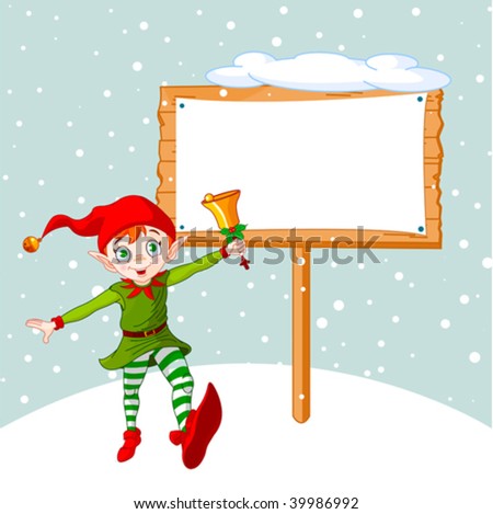 Christmas elf jumping and ringing a bell.  Be ready to put your message or advertisement