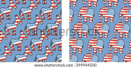 Donkey and elephant symbols of political parties in America. USA elections seamless pattern. Democrats against Republicans. Opposition to policy