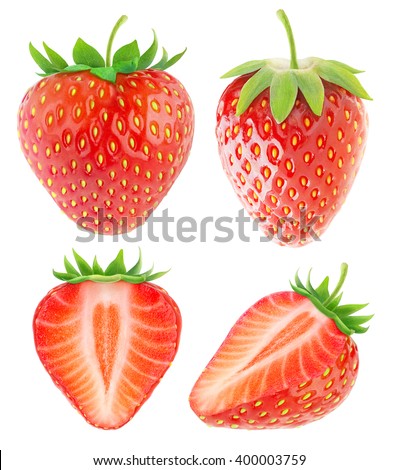 Isolated strawberries. Collection of whole and cut strawberry fruits isolated on white background with clipping path Royalty-Free Stock Photo #400003759