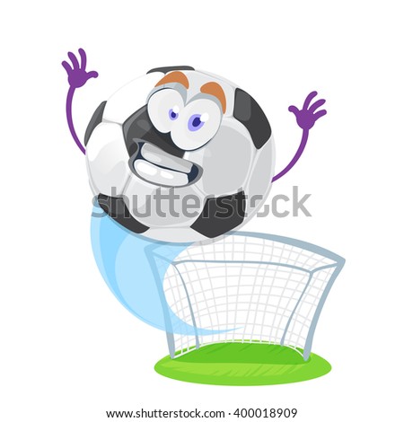 Mascot cartoon character funny Soccer Ball flies out of the football goal on white background