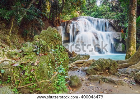 Waterfall Huay Mae Kamin of deep forest in summer of   Thailand
