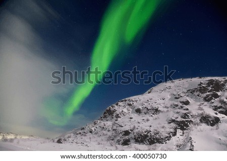 Winter Aurora Borealis. Starry night landscape.