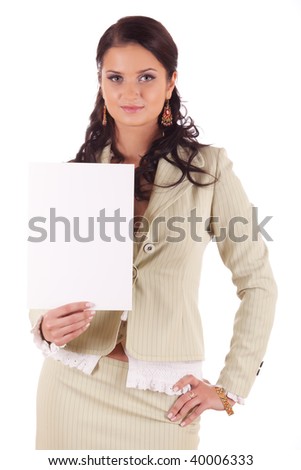 Young woman with blank sign on white background