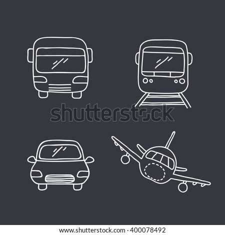 doodle icons. transport (bus, train, car, airplane). vector illustration