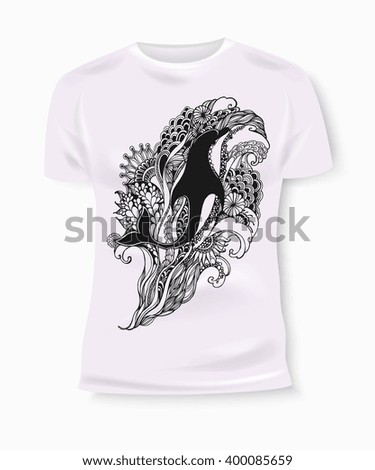 T-shirt print design with dolphin. Vector eps 10 format.