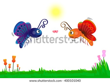Two butterflies in love on green grass with flowers on white background, love romance concept vector illustration