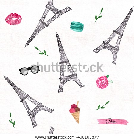 Watercolor Paris pattern. Seamless texture with hand drawn elements.