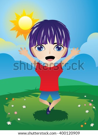 Cute happy cartoon little boy on green lawn.
