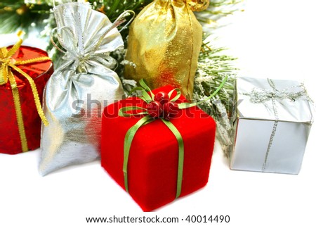 Christmas present boxes on white background.