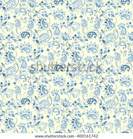 Wallpaper in the style of Baroque. Seamless paisley, vector indian floral ornament background, damask pattern. Boho apparel art, design back for fabric, papper and more.
