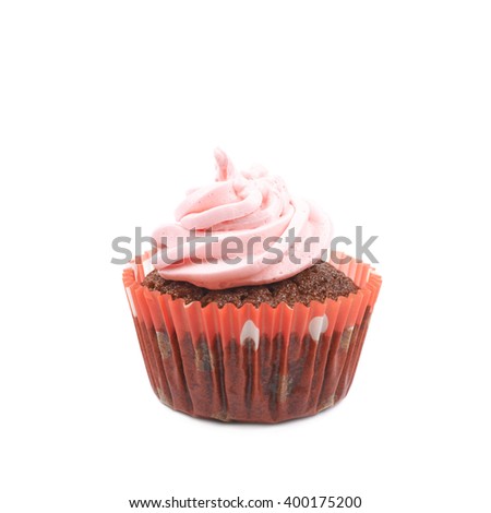 Chocolate muffin with pink cream isolated