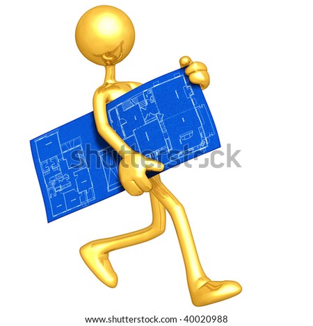 Gold Guy Carrying Home Construction Blueprint