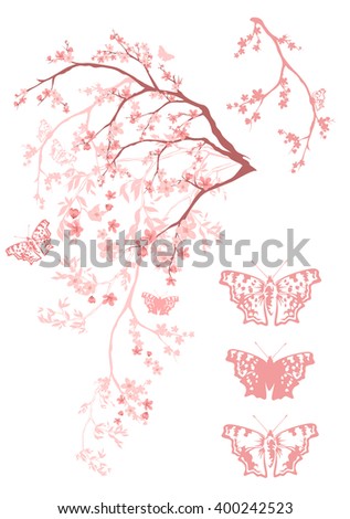 blossoming tree branches with flying butterflies - spring season design element