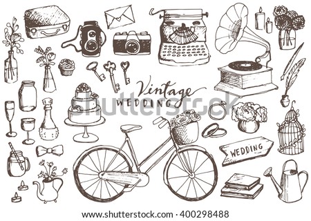 Vintage Wedding Hand Drawn Illustrations - Vector Wedding Elements Including Bicycle, Typewriter, Camera, Skeleton Keys, Wedding Cake, Flowers, Cupcakes, Rings, Candles and Signs
