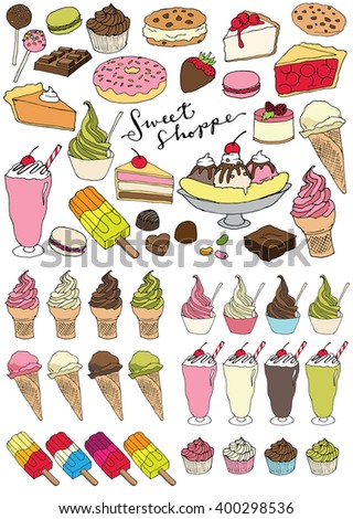 Sweet Shoppe Vector Illustrations - Set of Delicious Dessert Items Including Ice Cream, Cake, Sundae, Popsicles, Candy and Cupcakes.
