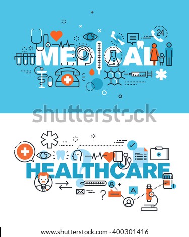 Set of modern vector illustration concepts of words medical and healthcare. Thin line flat design banners for website and mobile website, easy to use and highly customizable.
