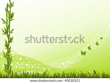 Background with bamboo branches, grass and butterflies.