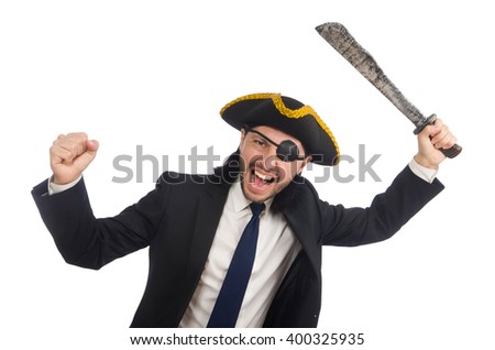 Pirate businessman with sabre isolated on white