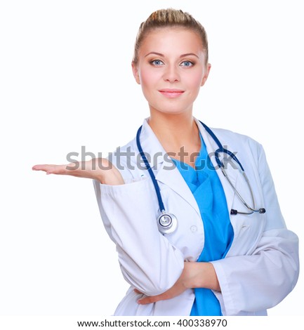 A portrait of a female doctor pointing, close-up, isolated on white background