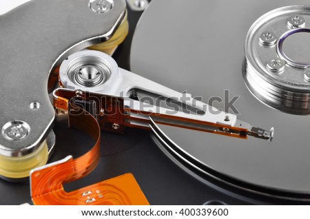 Detailed view of the inside of a hard disk drive (HDD)