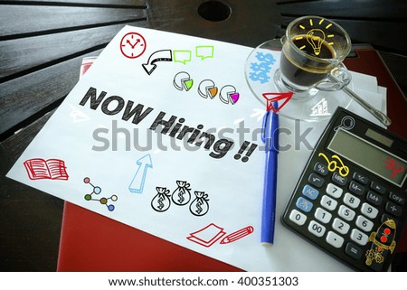 drawing icon cartoon with  NOW HIRING concept on paper  in the office , business concept 