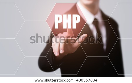 business, technology, internet and virtual reality concept - businessman pressing php button on virtual screens with hexagons and transparent honeycomb