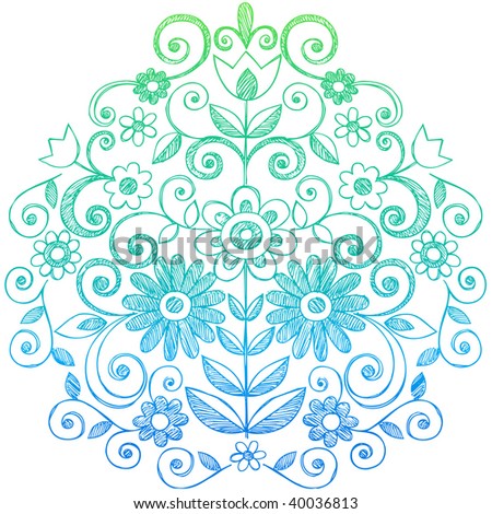 Hand-Drawn Sketchy Flower and Leaves Symmetrical Notebook Doodles Vector Illustration